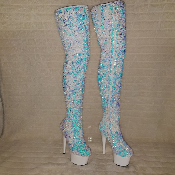 White Ice Multi Stretch Sequin Platform 7" Heels Thigh High Boots 3020 - Picture 10 of 13